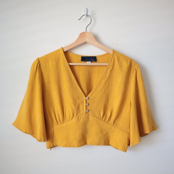 Blue Rain Linen Blend Batwing Cropped Top | L - Picture 1 of 7